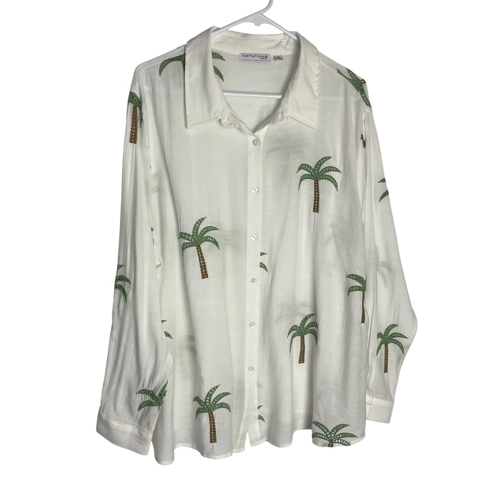 Notations Woman Tropical Palm Tree Shirt Size 3X White Embroidered Button Up